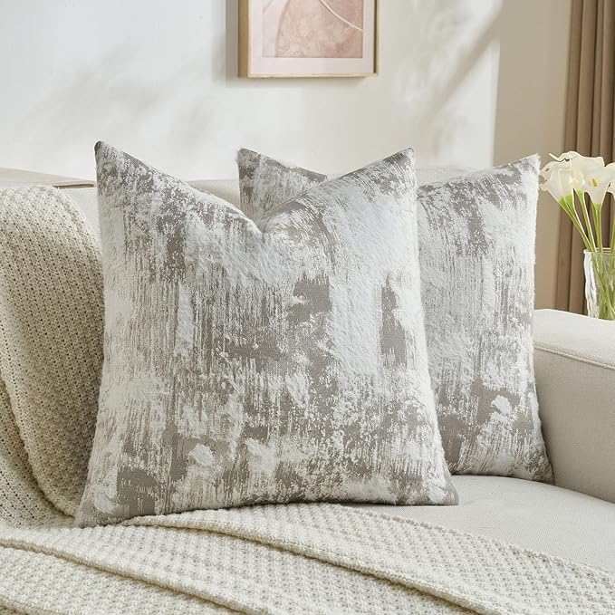FUTEI Grey White Decorative Throw Pillow Covers 16x16 Inch Set of 2,Jacquard Weave Cushion Case in Soft Faux Cashmere,Modern Home Decor for Couch Living Room