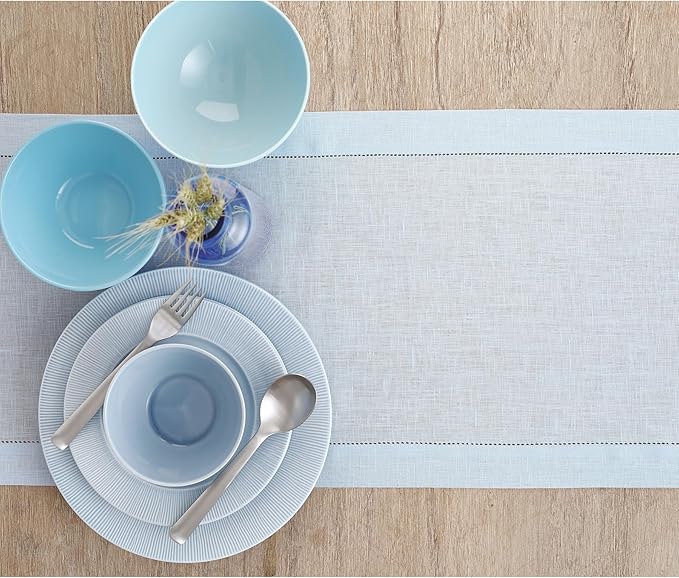 Solino Home Linen Light Blue Table Runner 132 Inches Long - 100% Pure Linen Extra Long Table Runner 14 x 132 Inch for Winter, Spring, Easter - Classic Hemstitch