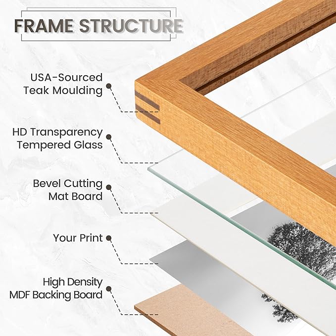 8x10 Picture Frame, USA-Sourced Natural Teak Wood Photo Collage Frame with HD Tempered Glass, Modern Simple 8 x 10 Wooden Frame Matted to 5x7, Gallery Wall Frames for Art, Wall or Tabletop Display