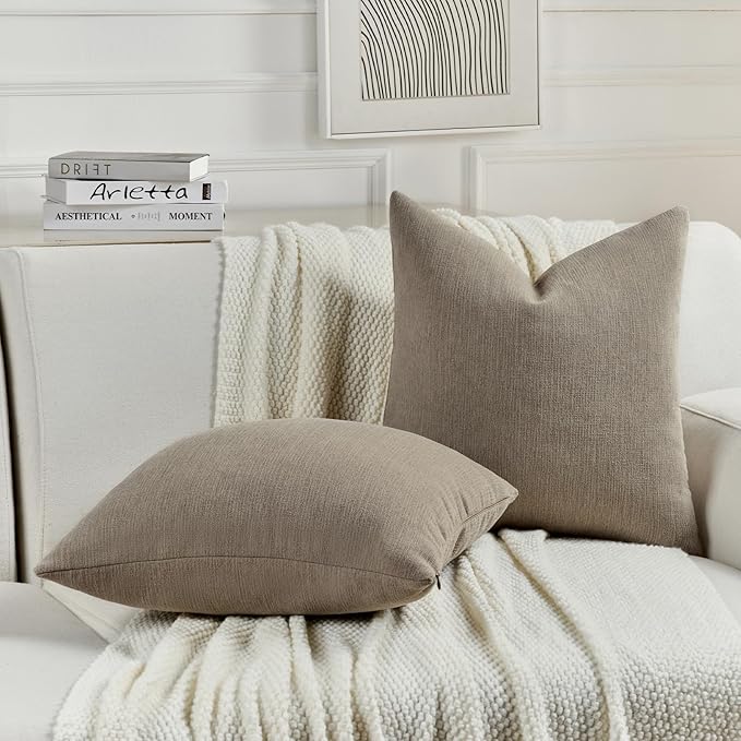 FUTEI Coffee Chenille Decorative Throw Pillow Covers 22x22 Inch Set of 2,Soft Cozy Faux Linen Textured Cushion Case,Farmhouse Home Decor for Couch Living Room