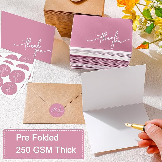 Gueevin 200 Pcs Thank You Cards with Kraft Envelopes and Stickers Bulk, 3.5 x 5 Inch Classy Blank Thank You Notes for Wedding, Business, Graduation, Baby Shower, Bridal Shower, Funeral(Pink)