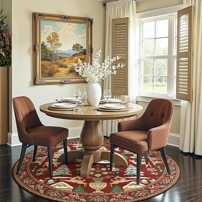 jinchan Round Christmas Rug for Living Room 6ft Maroon Circle Holiday Rug for Bedroom Printed Christmas Tree and Cabin 6' Winter Xmas Decor Washable Indoor Carpet for Dining Room Foyer Non-Slip