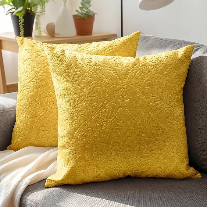 Encasa XO Luxury Embossed Velvet Cushion Covers - Plush Throw Pillow Covers for Elegant Living Rooms & Bedrooms, Machine Washable, 18x18 Lemon Yellow | Set of 2 | Covers Only No Insert.