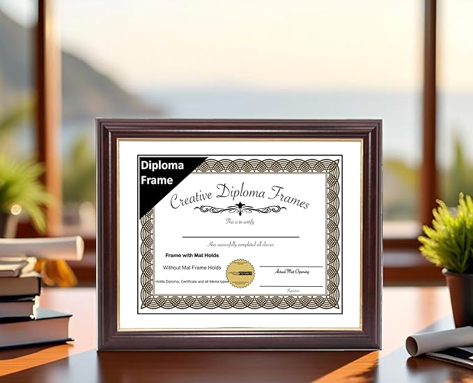 Creative Picture Frames 14x12 Mahogany Gold Rim Diploma Frame with White Mat Glass and Installed Wall Hangers | Frame Holds 14x18 Media without Mat