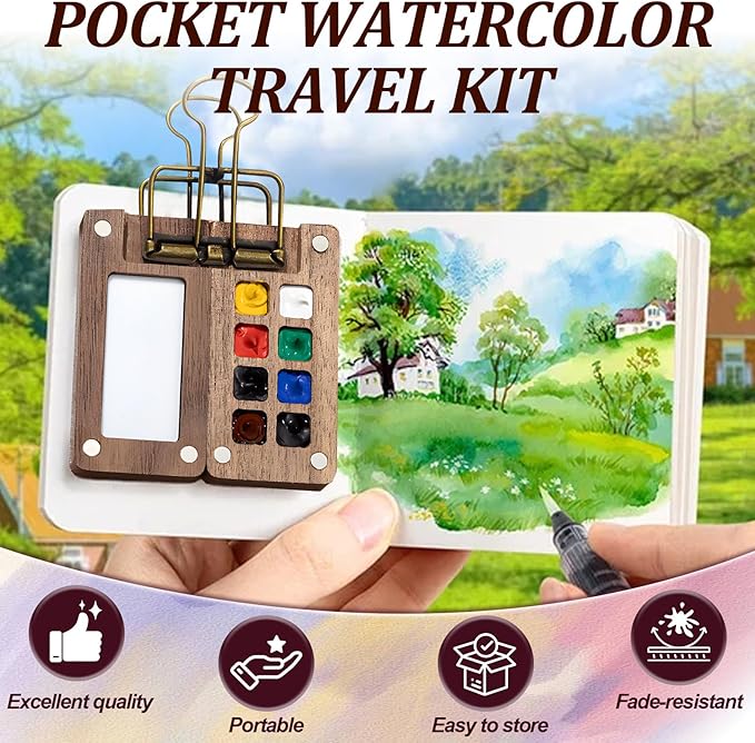 Mini Watercolor Travel Set, Mini Watercolor Paint Set, Pocket Watercolor Sets with Paint, Brush, Sketchbook & Copper Clip, Travel Water color Kit for Beginners, Artists & Painting (8 Grids)