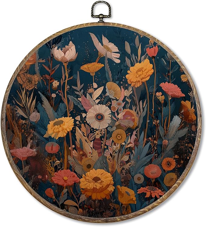 FUGWN Vintage Floral Round Wall Art Decor Framed, Cottagecore Floral Botanical Canvas Artwork Prints, Boho Colorful Wildflowers Wall Hanging Decorations for Home Bedroom Living Room, 10x10 Inch
