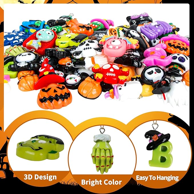 40Pcs Halloween Hanging Ornaments, Tiny Resin Charm Pendants Miniatures Figurines with Golden String for Mini Halloween Tree Decorations Holiday Party Decor