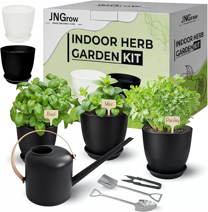 Indoor Garden Kit - Plant Pots with Drainage, Watering Can & Tools - Ideal Windowsill Planter Set - Modern Home & Kitchen Decor Gift - Black
