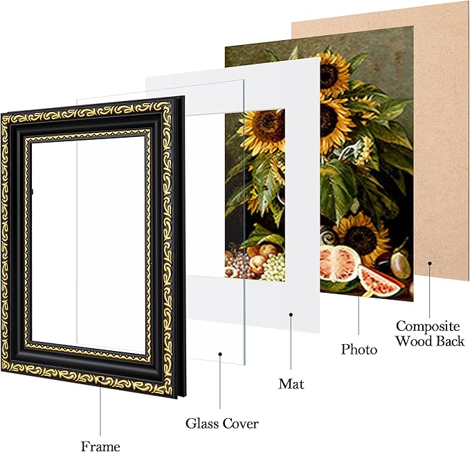 eletecpro 8x10 Picture Frames Set of 4, Vintage Photo Frame with Glass, Frames 8 x 10 Display 5x7 Photo with Mat or 8x10 without Mat for Tabletop or Wall Decor, Black Gold