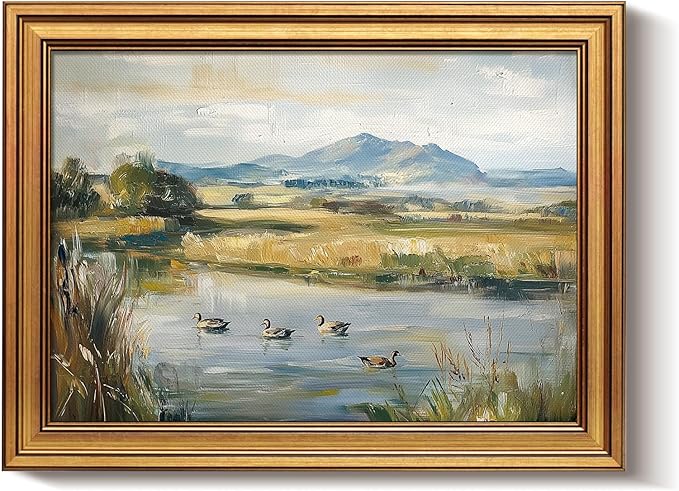 Bzstyleart Vintage Wall Art Decor for Living Room,Gold Framed Canvas Wall Art Home Decor Aesthetic,Ducks Pond Landscape Prints,Canvas Picture Print Artwork,12 x 16 Inch