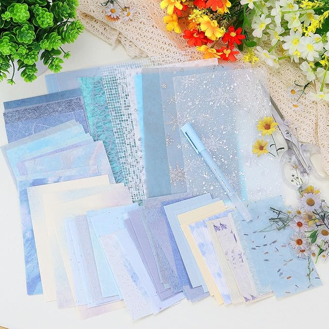 Koqye 131PCS Aesthetic Scrapbook Paper Pack, Junk Journal Supplies Starter Kit with Floral Stickers, Scissors, Quick Dry Glue Pen, Scrapbook Kit for Planner DIY Arts Craft Collage (Coastal Tide)