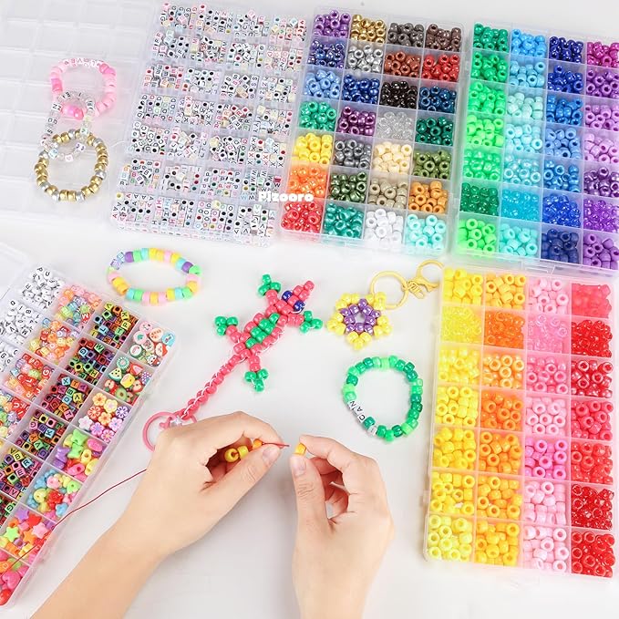 Pizooro 5 Boxes Pony Beads Bracelet Making Kit,3700 Pcs Kandi Bead for Friendship Bracelets Making with Letter Beads,Shaped Beads and Strings,84 Colors Rainbow Bracelet Beads for Craft,Birthday Gifts