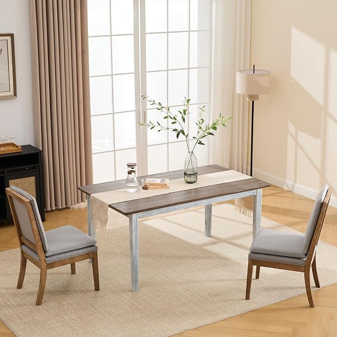 LZAREAL Farmhouse Dining Table for 4 6 Antiqued Solid Wood Dining Room Table Rectangular Color Blocking Kitchen Table for Dining Room Kitchen Restaurant, White and Walnut