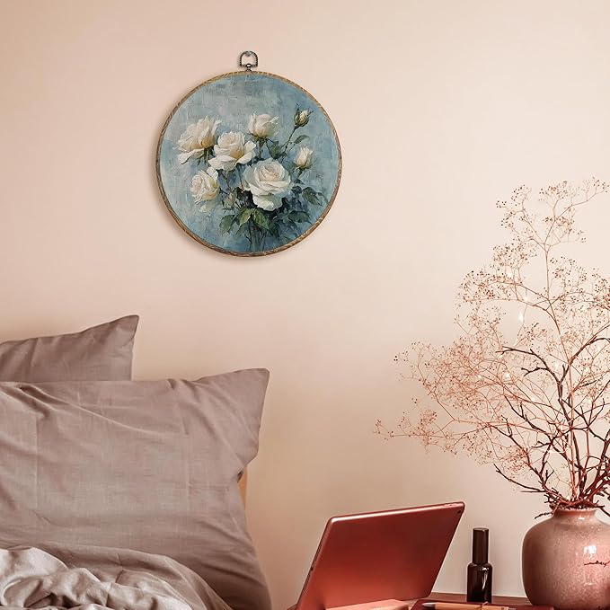 FUGWN Vintage Rose Floral Round Wall Art Decor Framed, Cottagecore White Floral Canvas Artwork Prints, Rustic Farmhouse Flower Wall Hanging Decorations for Home Bedroom Living Room, 10x10 Inch