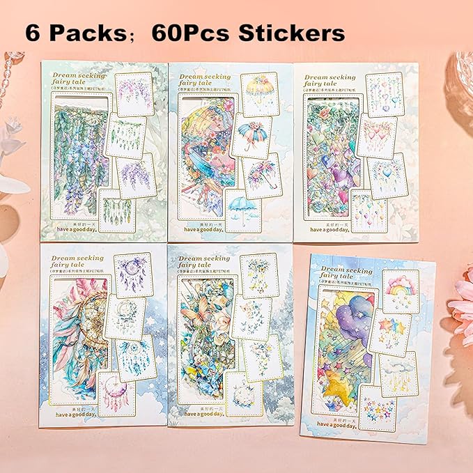 Fairy Tale PET Sticker Set, 60PCS Fantasy Scrapbook Supplies with Gold Foil Accents Waterproof Journal Stickers for DIY Crafts, Planners, and Collages