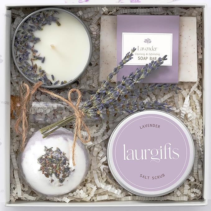 Lavender Spa Gift Box for Women – Relaxing Self Care Set, Birthday & Christmas Gifts for Women, Thank You, Housewarming, Bridal Shower & Get Well Soon Gift Basket for Her
