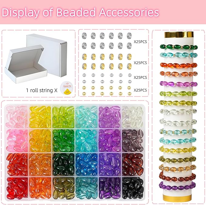 REVKI 8 * 10mm Glass Beads Bracelet Making Kit,500pcs 24 Colors Rice Shaped Natural Bamboo Crystal Beads for Jewelry Making,Teardrop Glass Beads for DIY Necklace Crafts