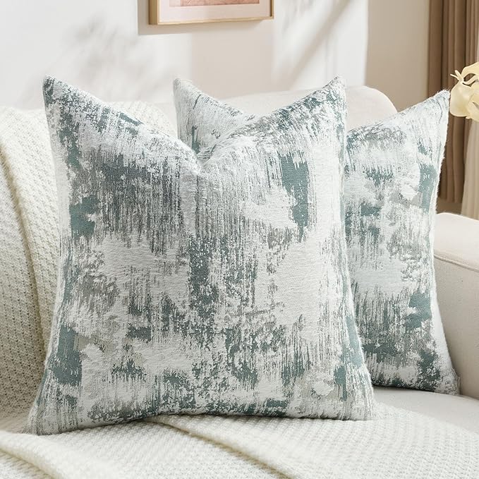 FUTEI Teal White Decorative Throw Pillow Covers 18x18 Inch Set of 2,Jacquard Weave Cushion Case in Soft Faux Cashmere,Modern Home Decor for Couch Living Room