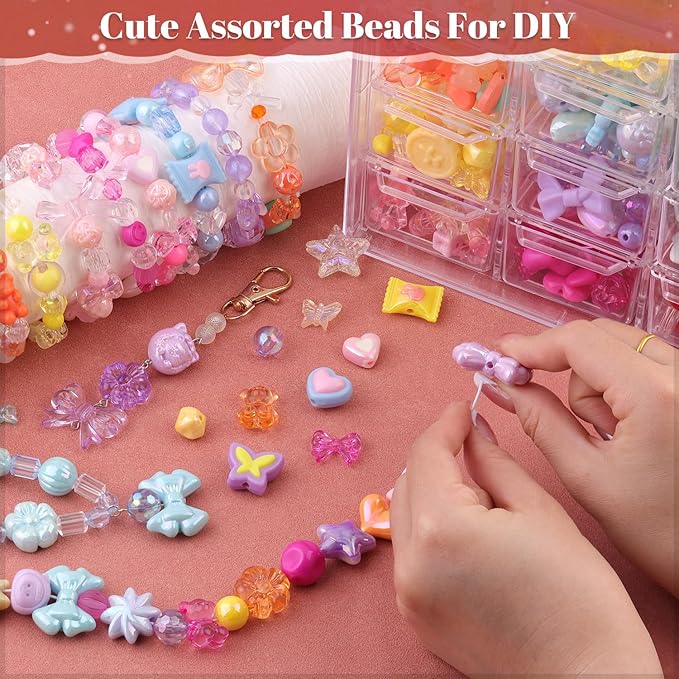 400-450PCS TINKRSTUFF Assorted Acrylic Beads 6 Mixed Series Cute Beads for Bracelet Making, Bow Aesthetic GummyBear Flower Butterfly Kawaii Charms for Jewelry Making DIY Necklace Keychain Phone Charm
