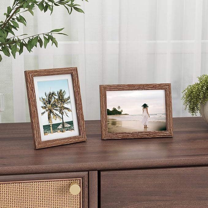 Fun Memories 5x7 Picture Frame, Solid Oak Wood 5 x 7 Frame with Plexiglass, 5 by 7 Photo Frame for Wall & Tabletop Display, 5x7 Picture Frame Matted to 4x6, Walnut Color, 1 Pack