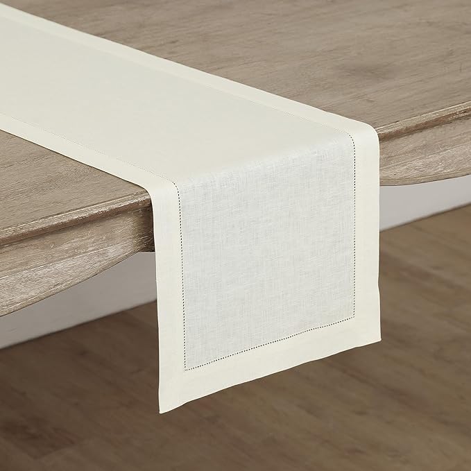 Solino Home Linen Ivory Table Runner 120 Inches Long - 100% Pure Linen 14 x 120 Inch Table Runner for Spring, Easter - Classic Hemstitch