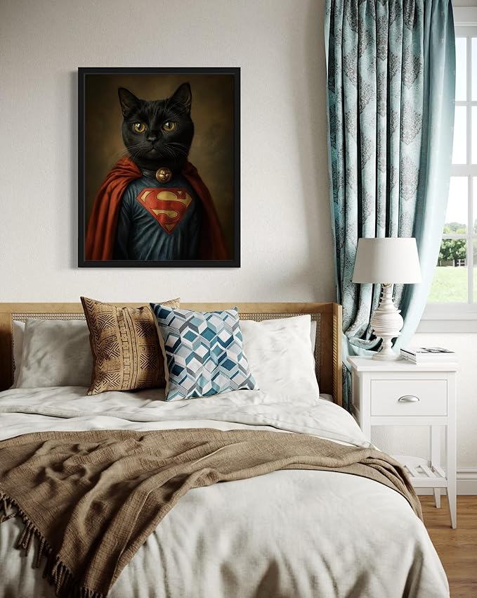 Superhero Portrait Art Poster Print, Cat Kitten Painting Humor Portrait Pet Artwork Decor Gallery A8 (Superhero, 16 x 20 inches, Black Frame)