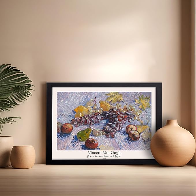 Monem Art Vintage Van Gogh Poster - Retro Grapes Lemons Pears and Apples Print - Impressionism Art - Fruit Art - Fine Art - Classic Painting Art - Great Kitchen Decor - 16x20 Black Framed