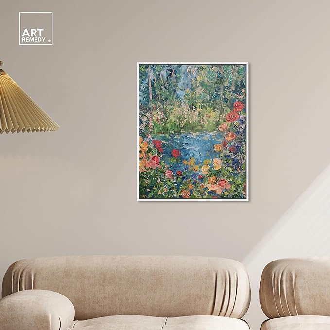 Art Remedy Serene Escape Framed Impressionism 1 Piece Canvas Wall Art/Monet And Van Gogh Inspired Art, 21" x 25", White Frame