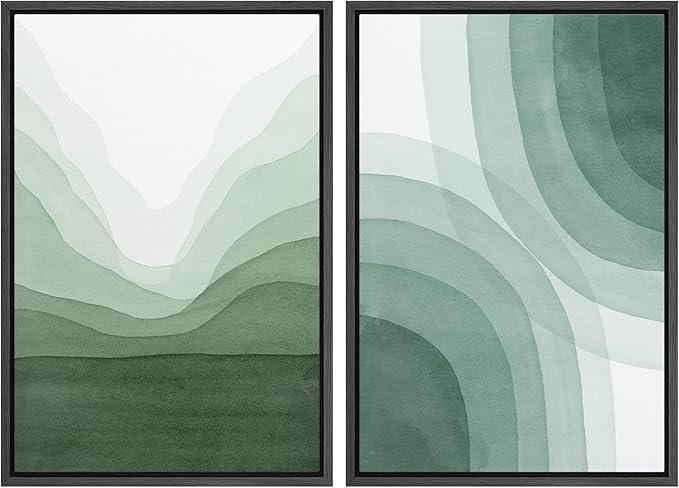 SIGNWIN Framed Canvas Print Wall Art Set Pastel Watercolor Green Wave Illusion Abstract Shapes Illustrations Modern Art Minimal Boho Colorful for Living Room, Bedroom, Office - 16"x24"x2 Black