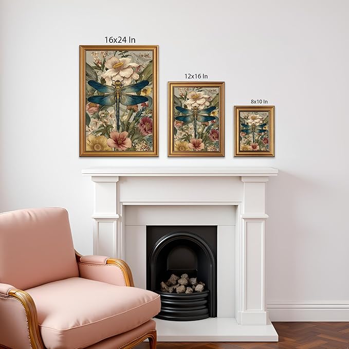 okudolit Gold Framed Dragonfly Canvas Wall Art Print Blue Insect Botanical Floral Painting Vintage Flower Picture Artwork Rustic Retro Nature Decor for Living Room Bedroom Office Home Decor 16x24in