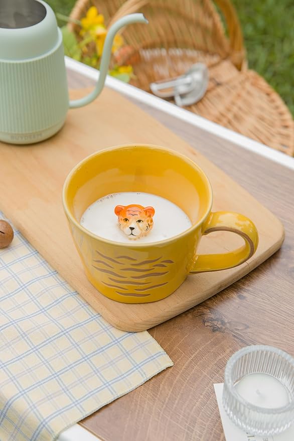 DIHOclub Tiger Cup Ceramic 3D Wild Animal Inside Mug,Cute Cartoon Handmade Figurine Mugs,Holiday and Birthday Gift for Coffee Milk Tea Lovers,12 OZ(Brown Tiger)