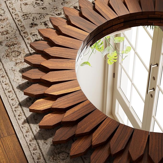24 Inch Walnut Boho Wall Decor Sunburst Mirror - Round Wooden Wall Decor, Handmade Rustic Circular Mirror for Living Room, Bedroom, Entryway, Office