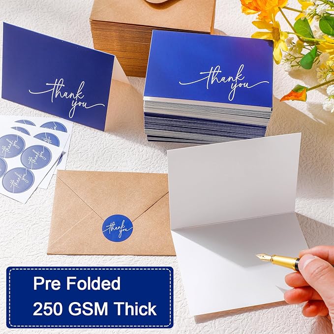 Gueevin 200 Pcs Thank You Cards with Kraft Envelopes and Stickers Bulk, 3.5 x 5 Inch Classy Blank Thank You Notes for Wedding, Business, Graduation, Baby Shower, Bridal Shower, Funeral(Navy Blue)