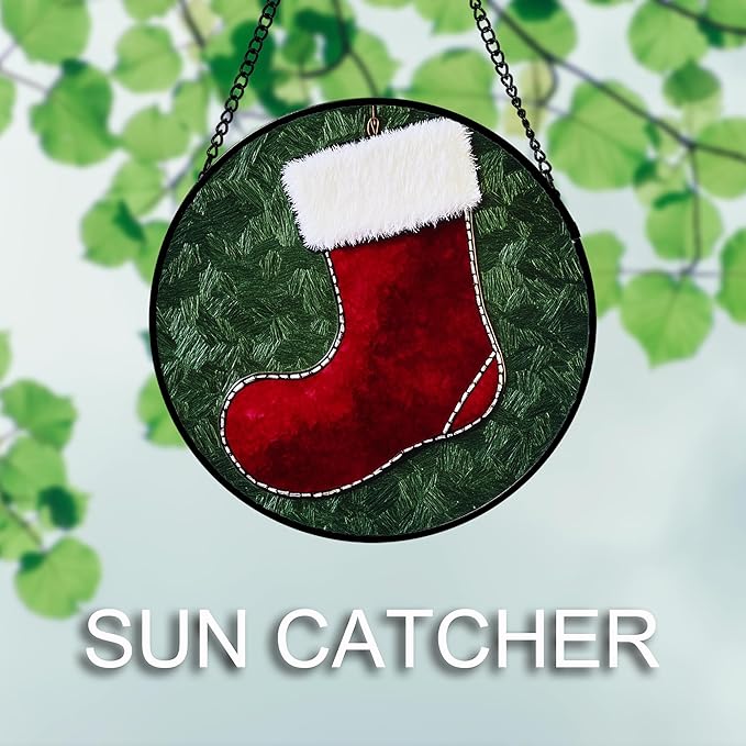 Stained Glass Window Hanging 4 Pcs Set Red Christmas Stockings and Gingerbread Large 15" - Suncatcher Door Garden Sun Catcher Decor Birthday Mother's Day Xmas Gifts for Mom Woman Nana Men