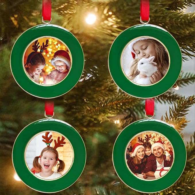 Christmas Picture Frame Ornaments - Set of 4 Green 2.5x2.5 Inch Mini Frames with Red Ribbon, Metal Photo Frames for Christmas Tree Decorations, Holiday Gift for Family & Friends