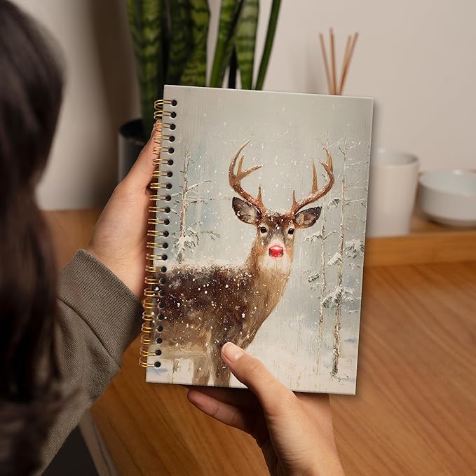 XNXLDYLH Vintage Winter Christmas Reindeer Notebook Journal, Rudolph the Red Nose Reindeer Spiral Notebook, Woodland Forest Journals Notebooks, Christmas Office School Supplies Gifts, 5.5x8.3 Inch