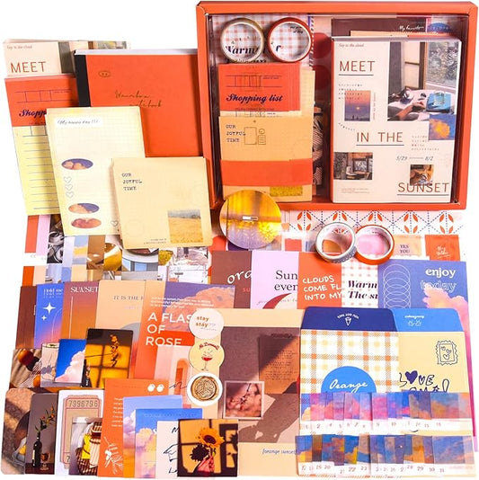 Scrapbooking Supplies Kit, 351pcs Bullet Junk Journal Kit with Journaling Supplies Aesthetic Scrapbook Paper A6 Grid Notebook, Scrapbook Kit, Art Craft DIY Gifts for Adult Teen Girl Kid Women, Sunset