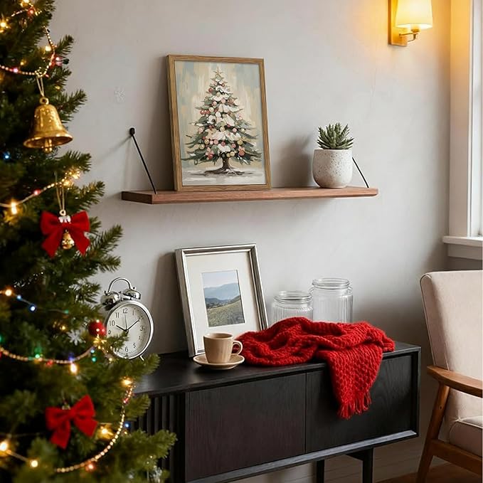 Framed Christmas Tree Wall Decor, Christmas Tree with Christmas Balls Canvas Prints Country Winter Holidays Oil Painting Vintage Christmas Wall Art for Living Room Bedroom – 16x24in