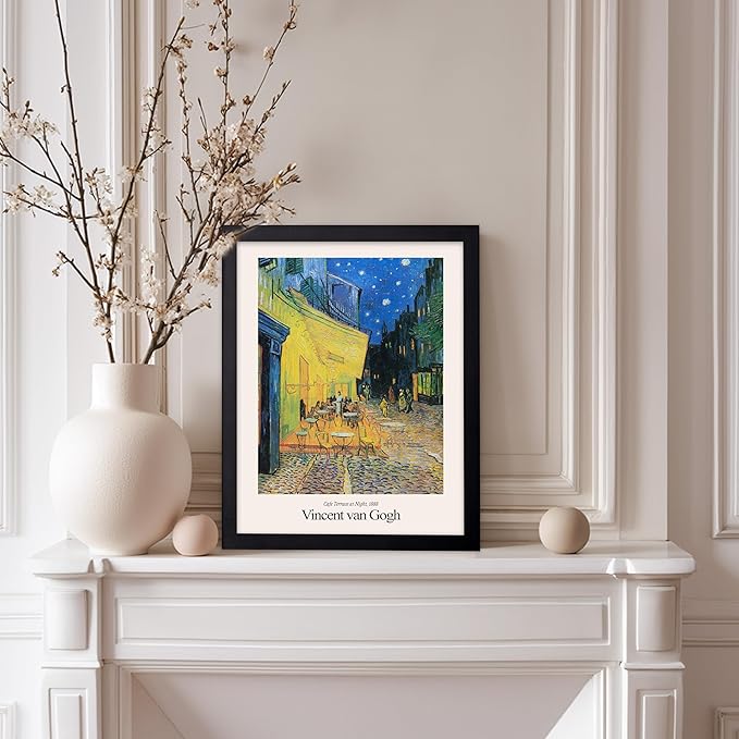 Monem Art Vintage Van Gogh Poster - Retro Impressionist Print - Cafe Terrace at Night, Arles, Stars, Aesthetic - Gift for Artist, Friend - Wall Decor for Home, Office, 8x10 Black Framed