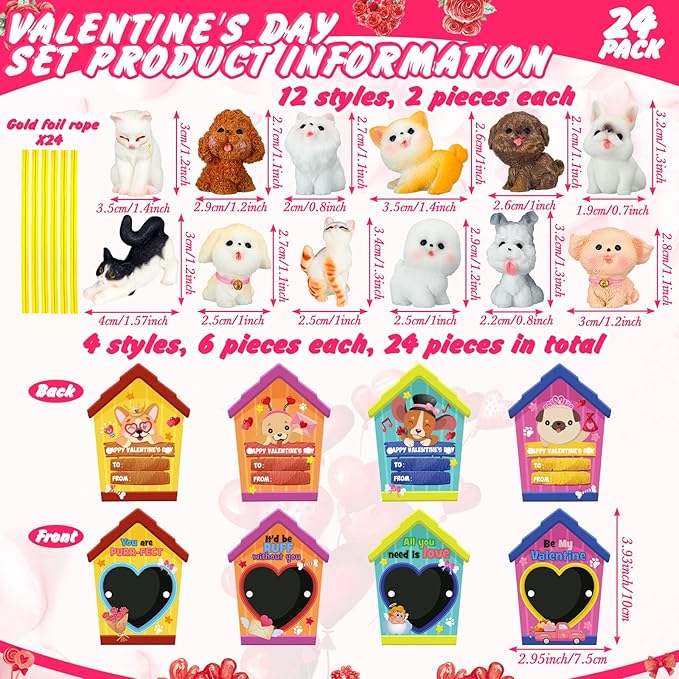 Zhanmai 48 Pcs Dog Valentine's Day Gifts Card and Dog Cat Resin Figurines Miniature Puppy Heart Greeting Card for Valentine Party Favors Exchange Prizes Gifts (Novel)