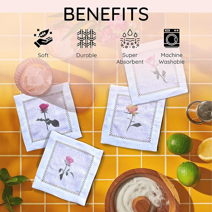 Cocktail Napkins Set of 6, 6x6 inch, 100% Linen, Printed Floral Design, Reusable & Washable Napkin Coasters for Beverages, Parties, Weddings & Everyday Use (Rose)