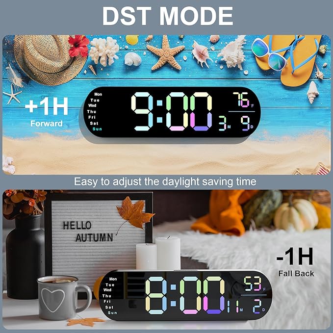 Digital Wall Clock with 13.7-Inch Display, Wall Clock with 9-Color Backlight, Remote Control, Dual Alarms, DST Mode, and Indoor Temperature, Modern Digital Clock