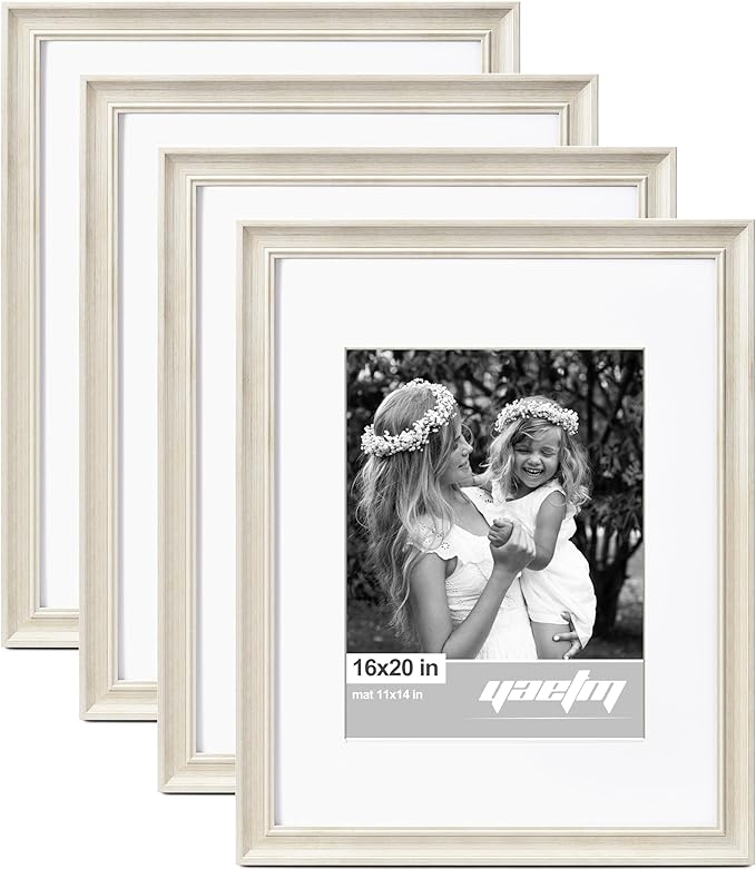 Yaetm 16x20 Picture Frame Matted to 11x14 Set of 4, 1.4" Wide Molding & Rustic White 16x20 Frames for Wall Gallery, Wall Mounting (4 pack, White)