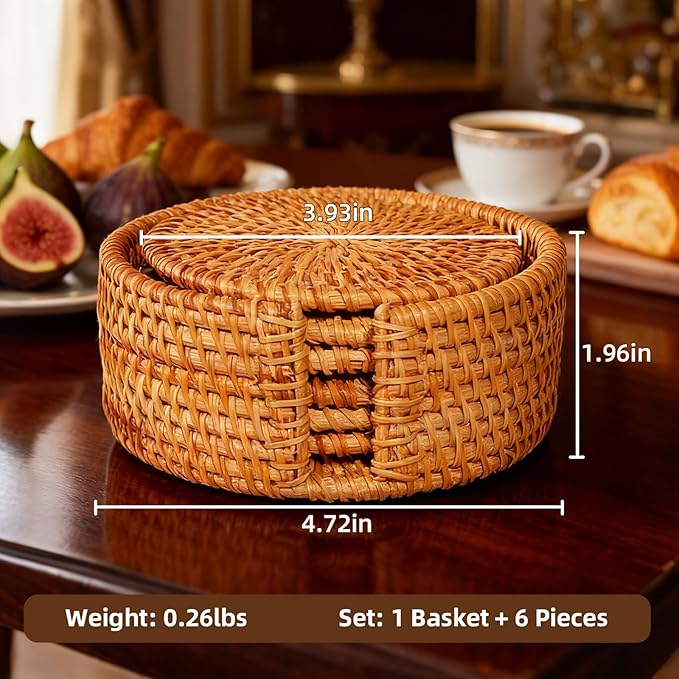 Handmade Rattan Coasters Set of 6 with Holder - Woven Aesthetic Drink Coasters for Table & Desk, Natural Boho Farmhouse Rustic Coffee Cup Pads, Home Bar Patio Table Outdoor Decor (Round)