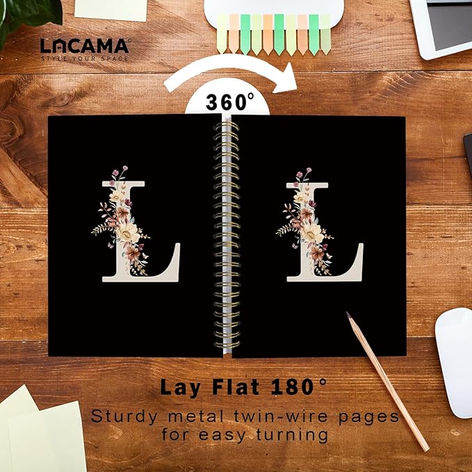 Lacama Cute Initial Letter L School Notebook Journal, Aesthetic Wildflower Personalized Black Spiral Notebook, School Supplies, Customized Monogrammed Gifts, Birthday Gifts for Women, Office Supplies