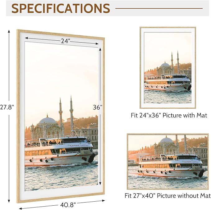 Dreamland Natural Oak Wood Picture Frame 27x40, Wooden Poster Frame with Mat for 24x36, 27 x 40 Matted Picture Frames with Tempered Real Glass for Wall Art Photo and Prints, Oak Color, Set of 1