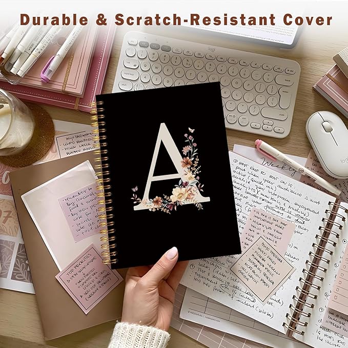 Lacama Black Initial Letter A School Notebook Journal, Aesthetic Wildflower Personalized Spiral Notebook, School Supplies, Customized Monogrammed Gifts, Birthday Gifts for Women, Office Supplies