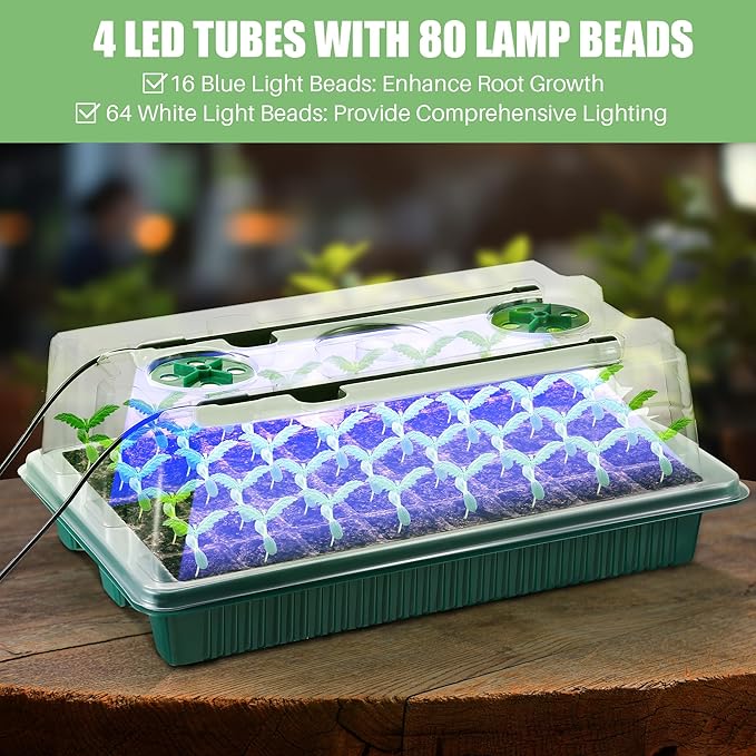 Saillong 2 Pack Seed Starter Tray with Grow Light, 80 Cells Indoor Greenhouse Kit, 360° Full Spectrum LED, Smart Timer, 5 Brightness Levels Indoor Plant Starter Kit for Home Gardeners