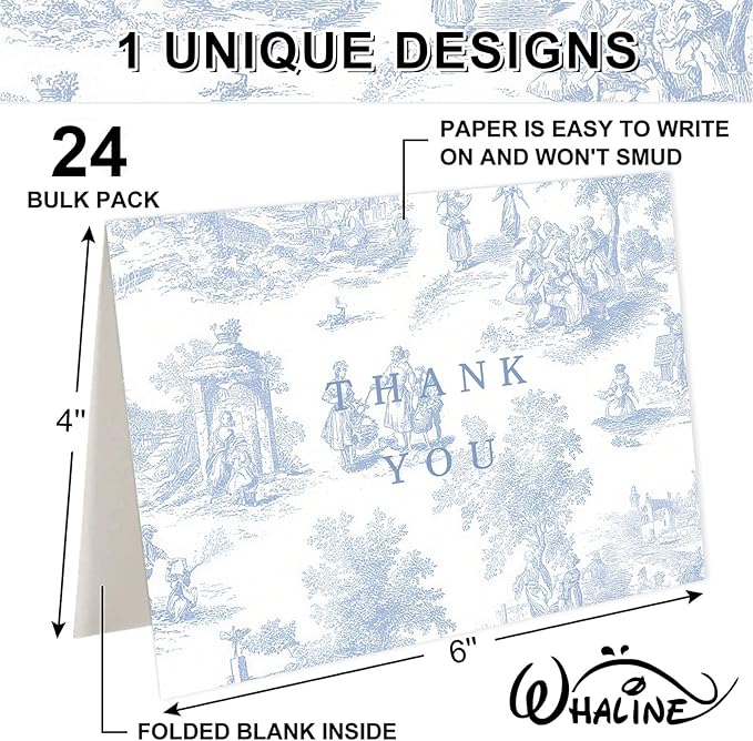 Whaline 24 Pcs Blue Chinoiserie Thank You Cards Greeting Cards with Envelopes Stickers Blue White Vintage Blank Note Card for Wedding Bridal Baby Shower Birthday Party, 4 x 6 Inch