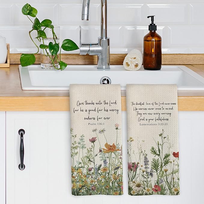 Vintage Floral Christian Kitchen Dish Towels, Christian Gifts for Women, Retro Wildflower Bible Religious Scripture Hand Towels Kitchen Tea Towels Decorations, 16x24inch Set of 2